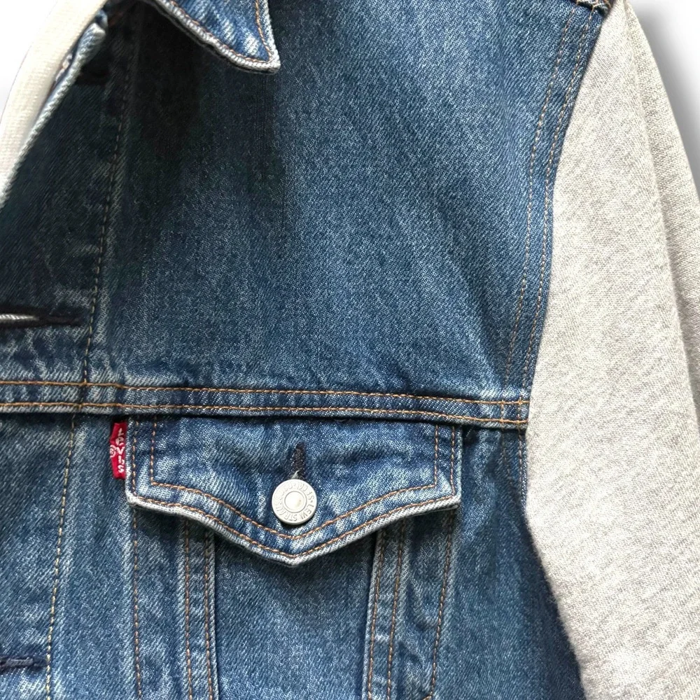 Levis Mens Hybrid Denim Trucker Jacket Grey Hooded Sweatshirt Blue Size M - Picture 3 of 11